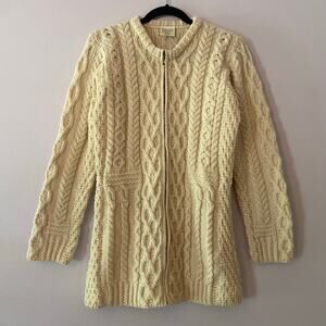 NWT Kilronan Knitwear Women Small Cream Merino Wool Ireland Knit Zip-Up Sweater